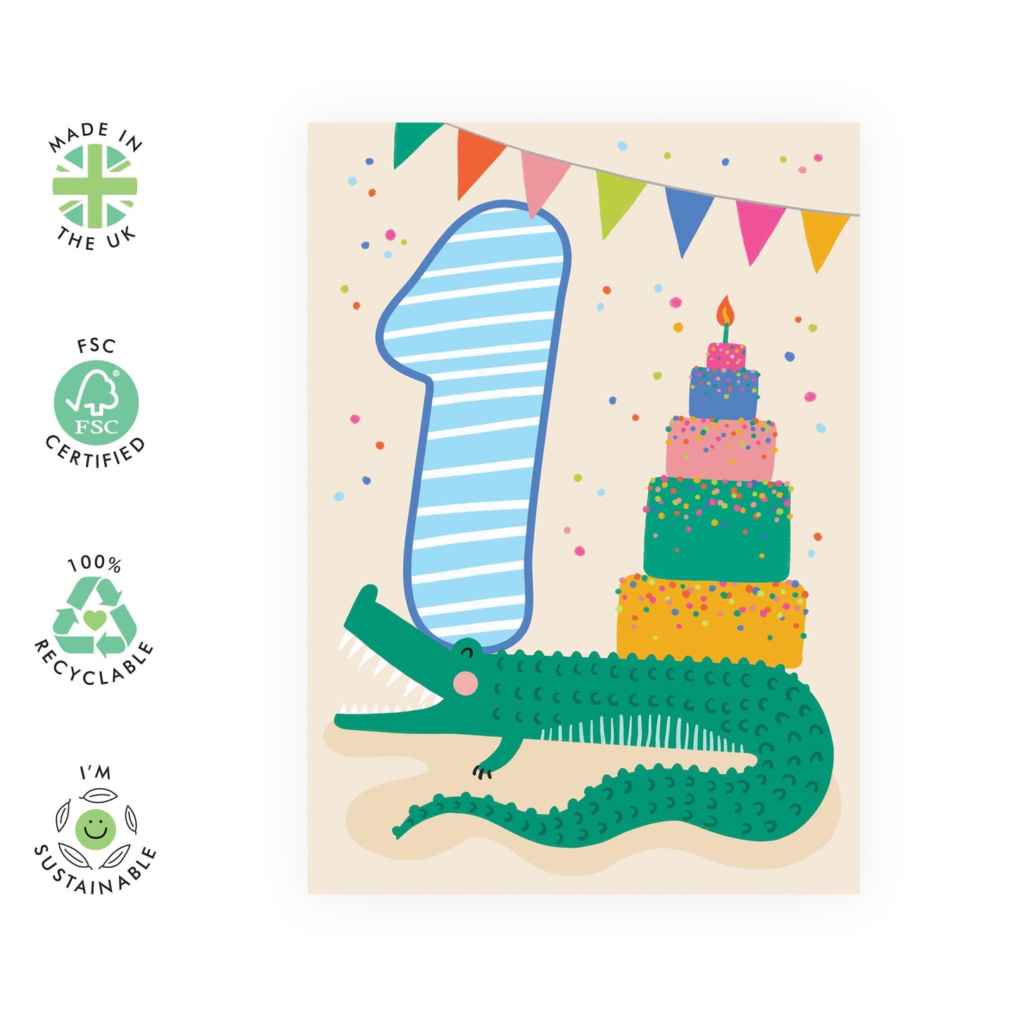 Happy First Birthday Card Girl Boy - Bday Cake And Crocodile - 1st Birthday Cards For Kids Baby Toddlers - Gifts For Godson Granddaughter Niece Age One - Comes With Cute Stickers By Central 23