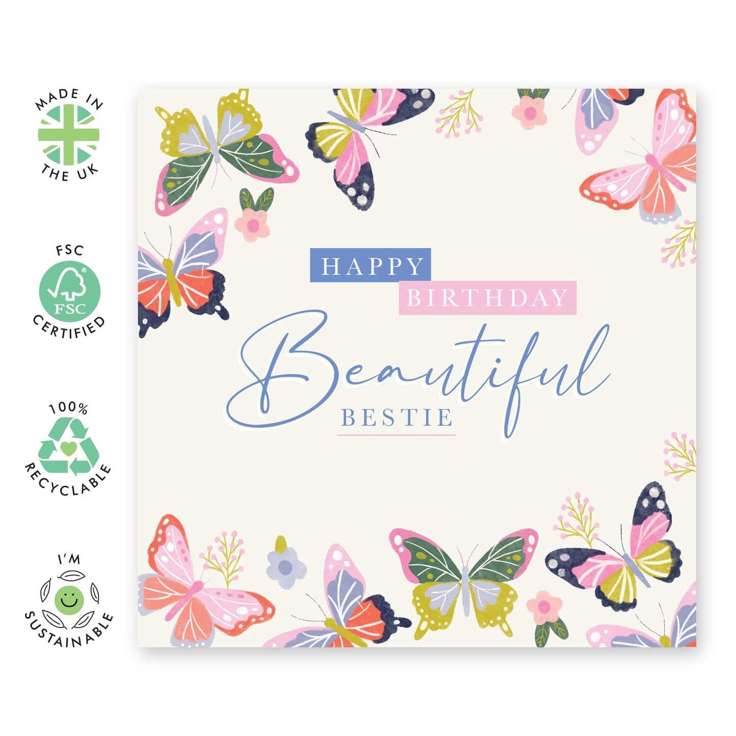 Birthday Card For Friends - 'Happy Butterfly Beautiful Bestie' - Gifts for Best Friend, Her, Women, Ladies, Gal, Sis - Friendship - Comes with Fun Stickers