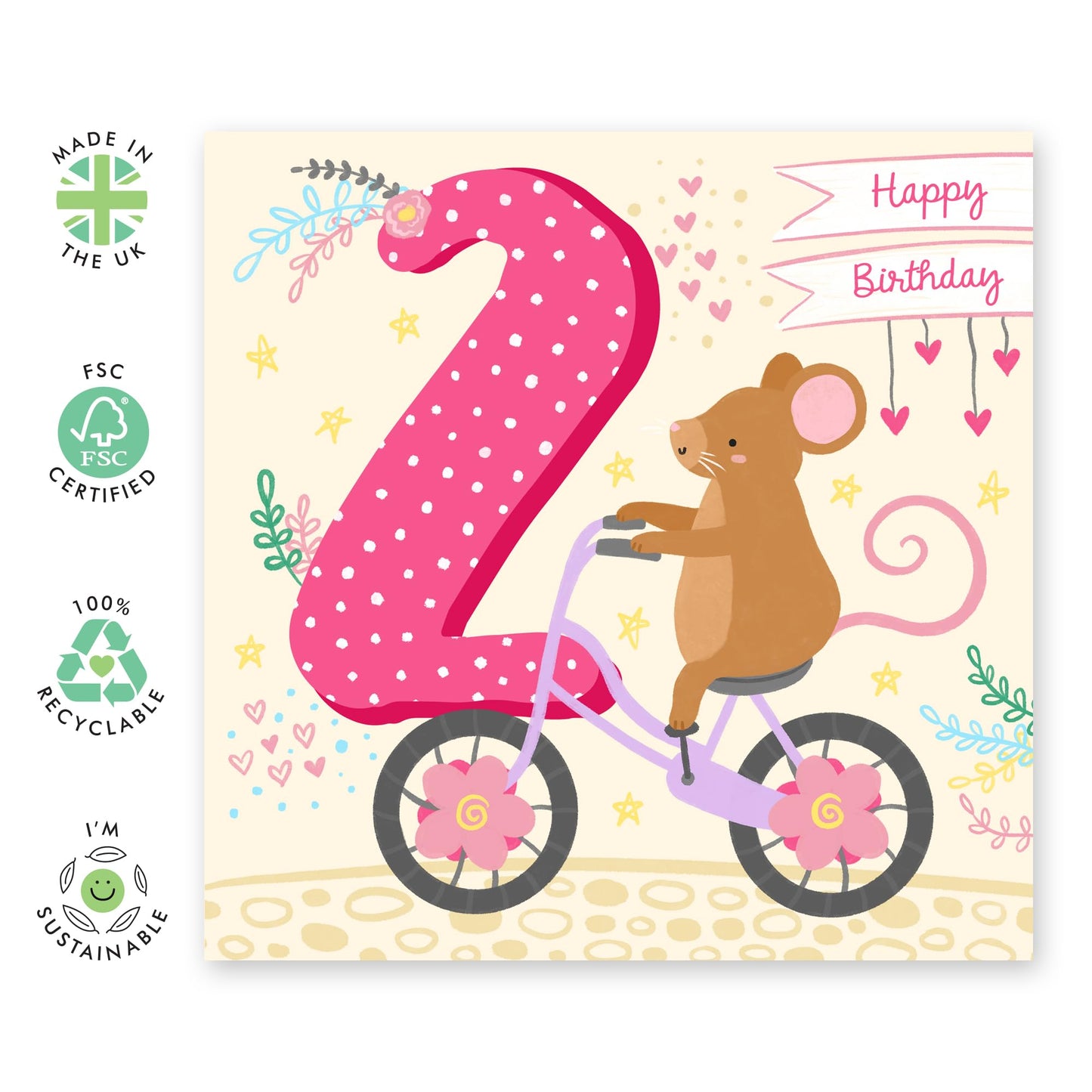 2nd Birthday Card For Girls - Happy Birthday Card For Daughter Age Two - Pink Hearts Mouse - Second Bday Gifts For Son Granddaughter - Comes With Cute Stickers - By Central 23