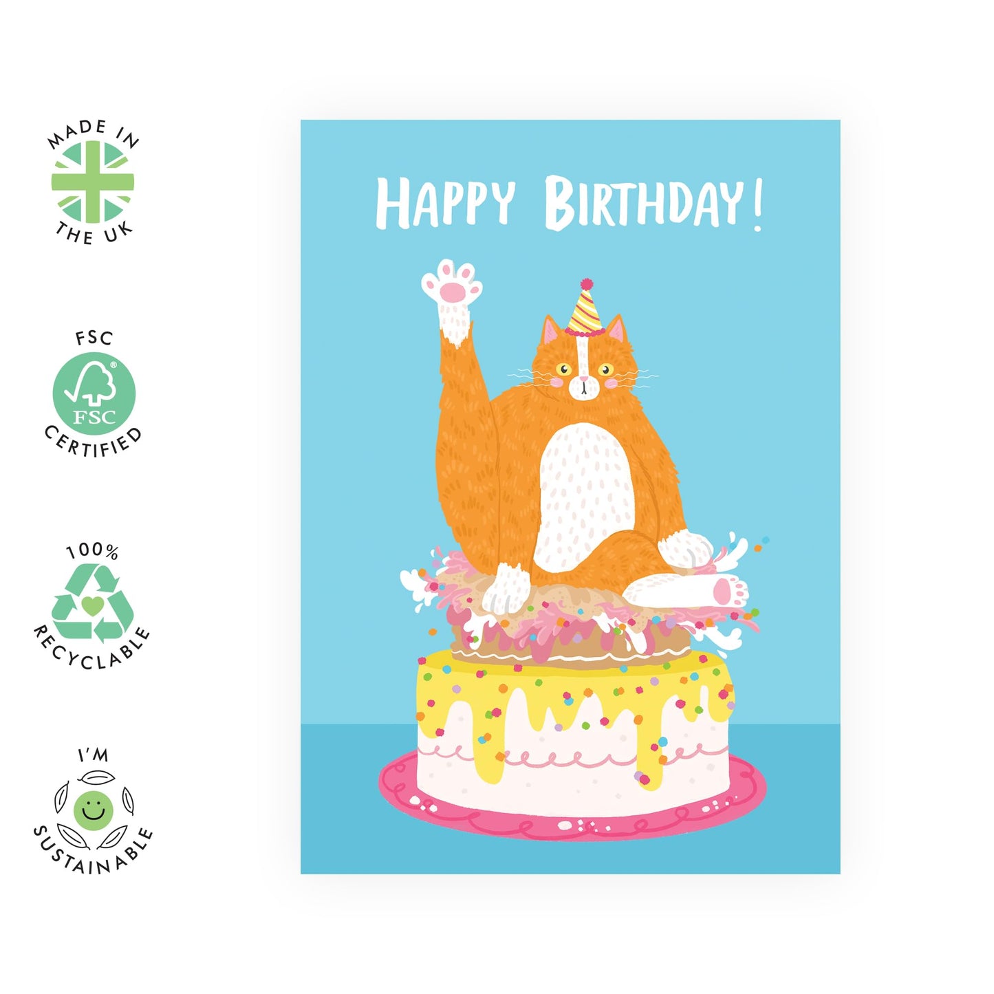 Happy Birthday Cards For Men Women - Happy Birthday Cat Squished Cake Blue - Animal Greeting Card For - Birthday Card For Her Him - Gifts For Brother Sister - Comes With Fun Stickers - By Central 23