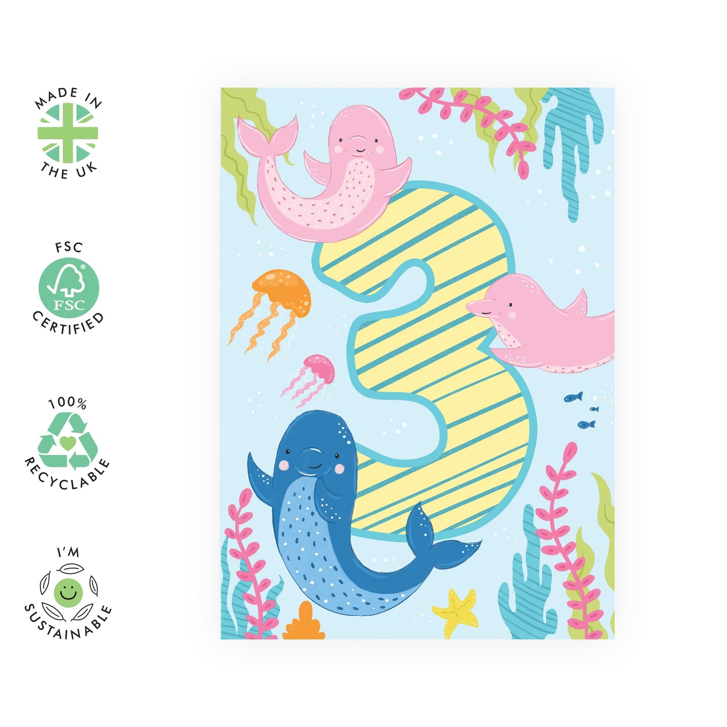 3rd Birthday Card Girl Boy - Cute Dolphins Pink Blue Green - Third Birthday Card - Milestone Kids Age Card - Three Year Old Gifts For Toddler - Comes With Fun Stickers By Central 23