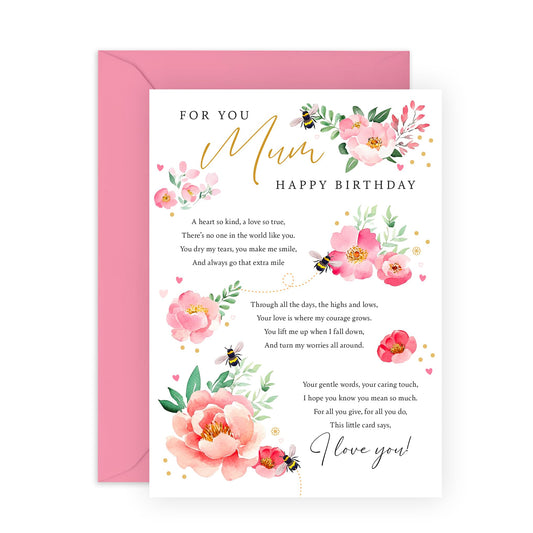 Mother's Birthday Card - 'Peony Poem Mum' - Gift & Message for Mother, Mam, Mammy, Mummy, Ma, Mama, In-Law, Step Mum - Flowers For Her - Comes with Fun Stickers