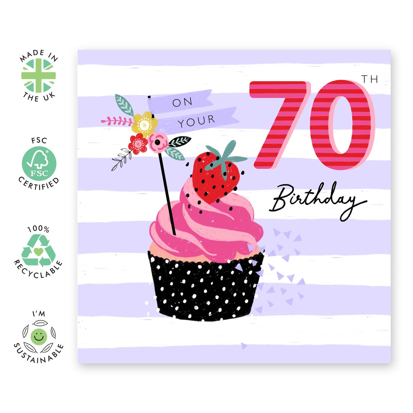 70th Birthday Card For Female - Cupcake - White And Lilac Stripes - Pretty Greeting Cards For Women - 70 Year Old - Mum Birthday Gifts - Comes With Stickers - By Central 23