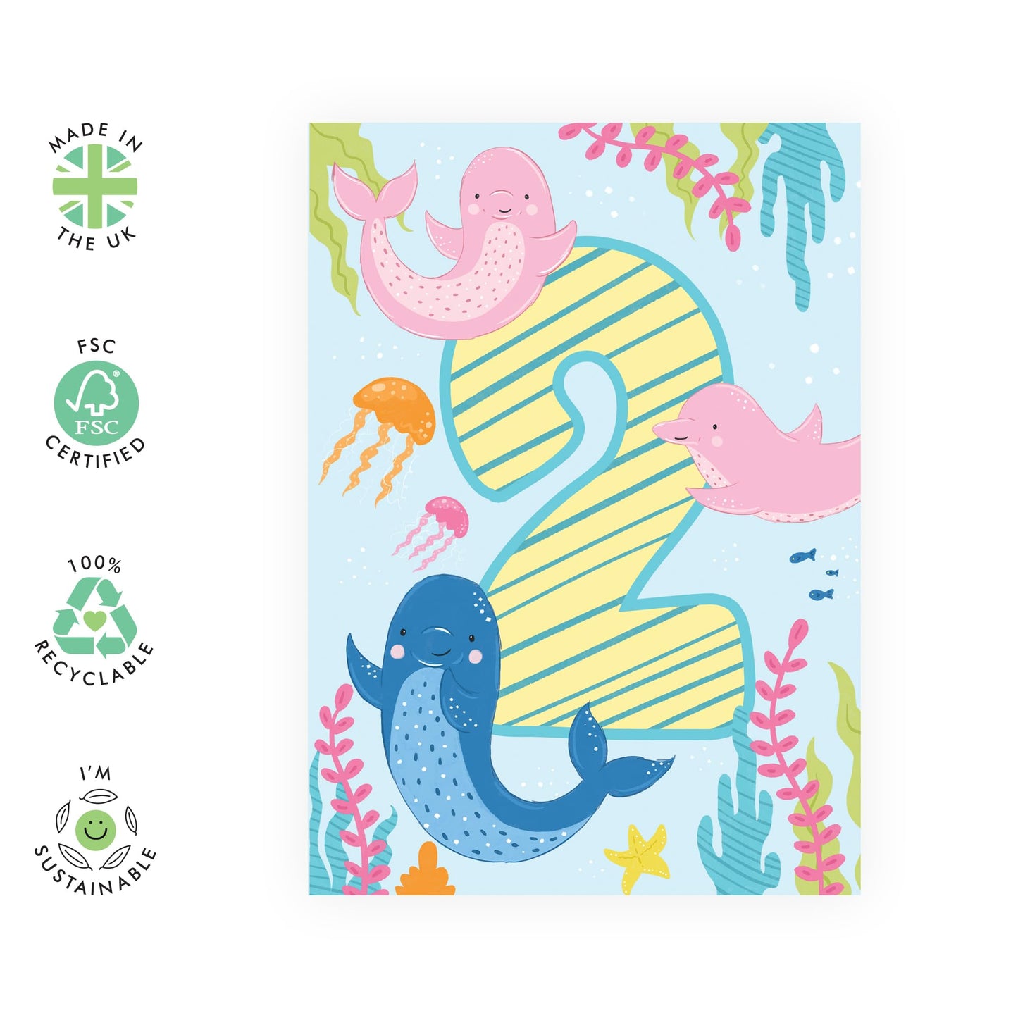 2nd Birthday Card Girl Boy - Cute Dolphins Pink Blue Green - Second Birthday Card - Milestone Baby Age Card - Two Year Old Gifts For Kids - Comes With Fun Stickers By Central 23