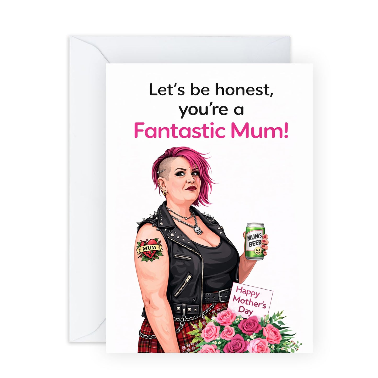 Rockstar Mother's Day Card – Mum Punk Rock Beer – Cool Greeting for Ma Mam Wife Sister Friend Her Ladies Women from Son Daughter Husband Family - Comes with Fun Stickers