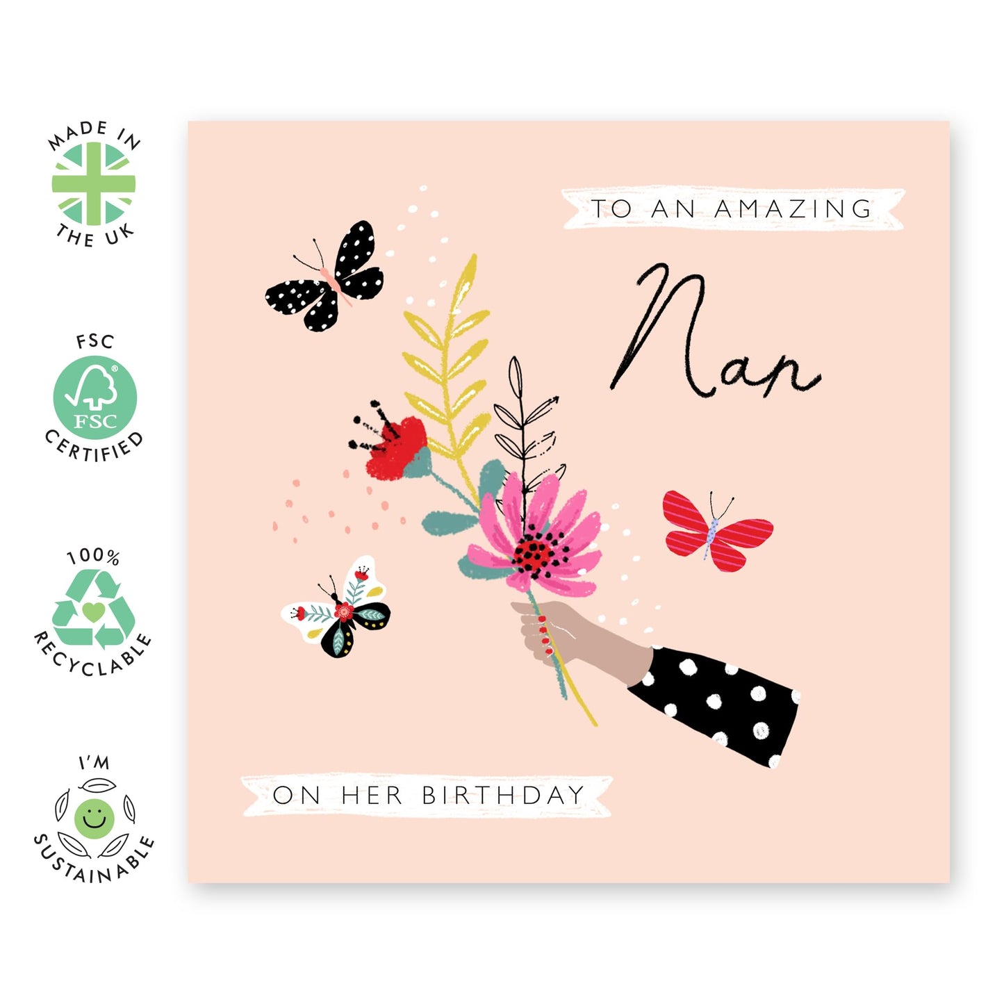 Birthday Card For Nan - Flowers Butterflies - Nanny Gifts For Her - Flower Bouquet Card - Nan Birthday Cards For Grandma Granny Grandmother - Comes With Fun Stickers By Central 23