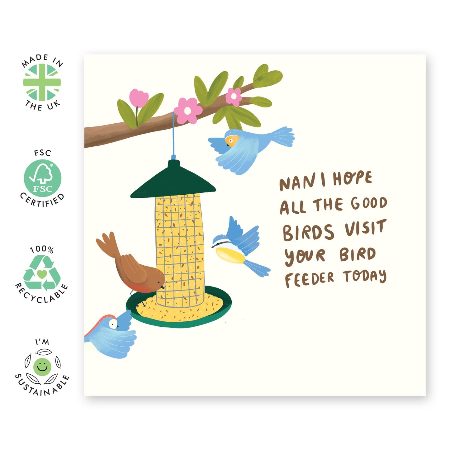 Cute Birthday Card for Nan - Bird Feeder - Gifts for Grandmother, Granny, Nana, Gran, Her, Family - Mothers Day Card from Grandson or Grandaughter - Comes With Fun Stickers