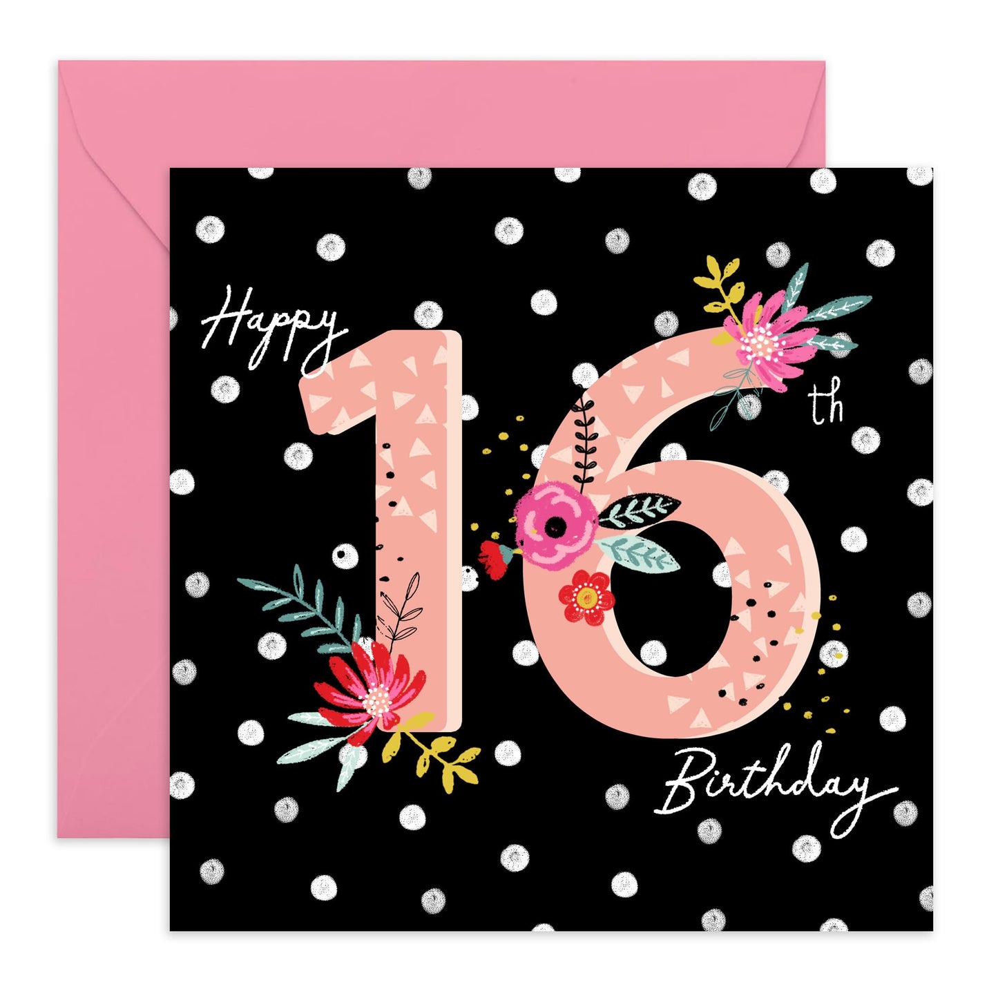 16th Birthday Cards For Kids - Happy 16th Birthday Black Floral - Girl Birthday Card Sixteen Year Old - Happy Birthday Card For Daughter Granddaughter Niece - Comes With Stickers By Central 23