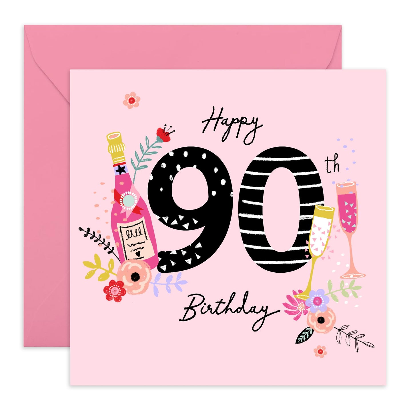 Happy 90th Birthday Card For Her - Drinks Celebration - Greeting Cards For Ninety Year Old Women - Grandma Birthday Card - Ninetieth Bday Gifts For Mum Wife Nan - Comes With Stickers By Central 23