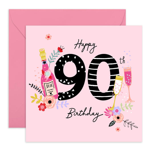 Happy 90th Birthday Card For Her - Drinks Celebration - Greeting Cards For Ninety Year Old Women - Grandma Birthday Card - Ninetieth Bday Gifts For Mum Wife Nan - Comes With Stickers By Central 23