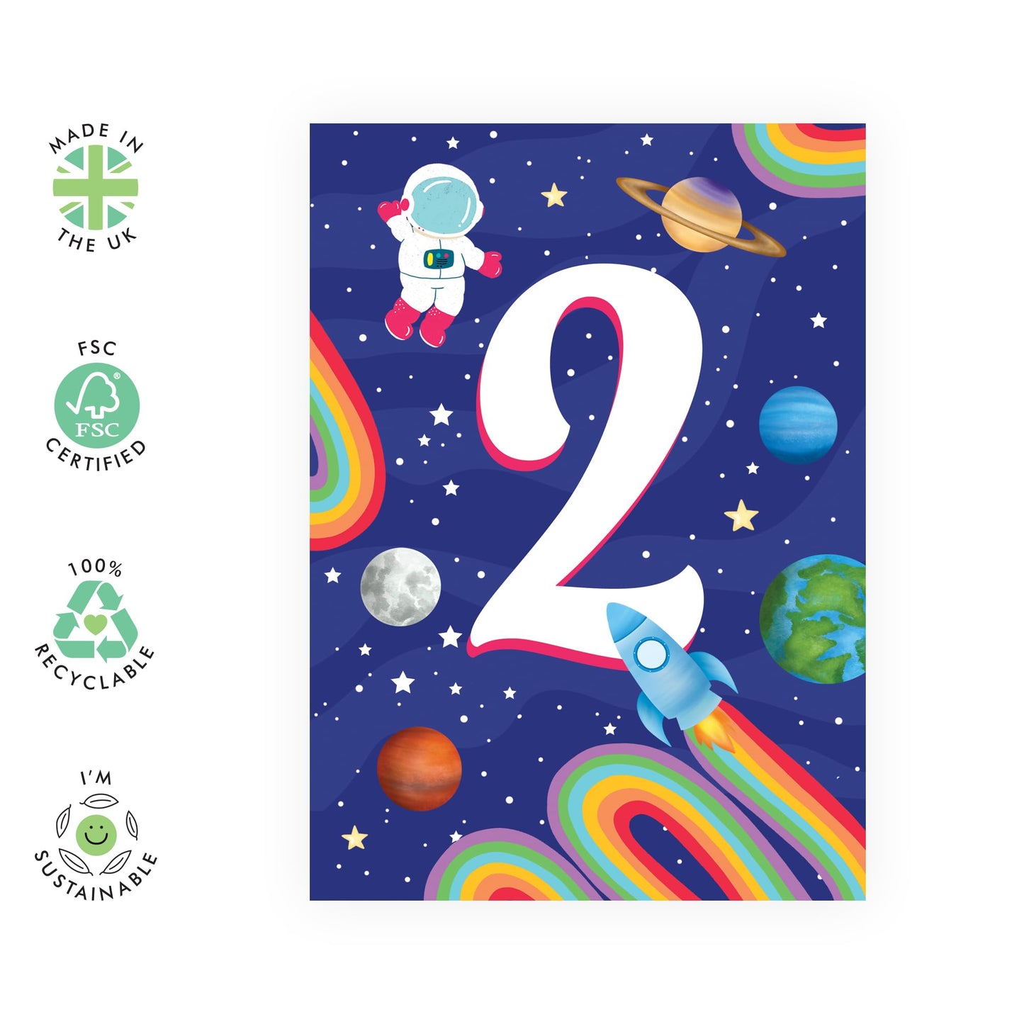 2nd Birthday Card Boys Girls - 2 Space - Baby Milestone Cards Age Two - Second Birthday Cards - Astronaut - Gifts For Son Daughter Niece Nephew - Comes With Sticker By Central 23