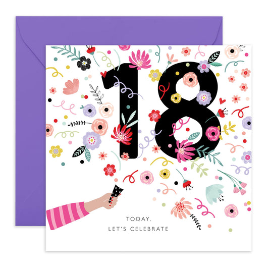 18th Birthday Card For Her - 18th Confetti Floral Canon - Happy Eighteenth Birthday Cards Daughter - 18 Year Old Gifts For Best Friend Women - Floral Bday Card - Comes With Stickers By Central 23