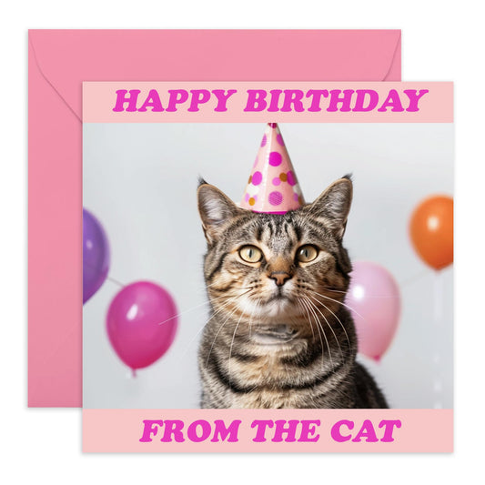 Fur Mom's Birthday Card - 'From The Cat" - Gifts for BFFs, Besties, Best Friends, Sister, Sibling, Coworker, Her, Wife - Cute Cat in a Party Hat - Comes with Fun Stickers
