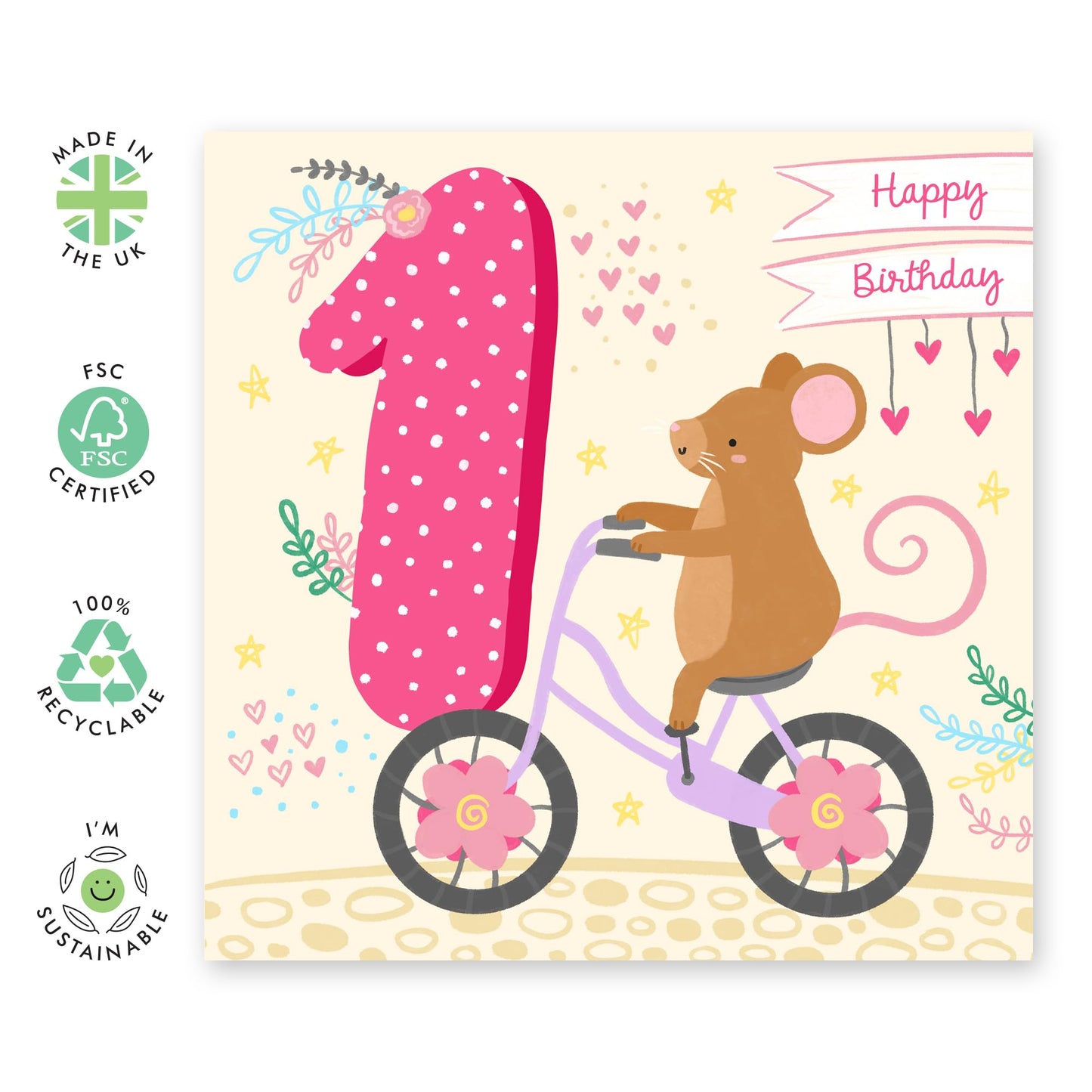 First Birthday Card Girl - Happy Birthday Cards For Her Age One - 1st Birthday Card Girl Boy Toddler Baby - Mouse Hearts Pink - Gifts For Son Granddaughter - Comes With Cute Stickers - By Central 23
