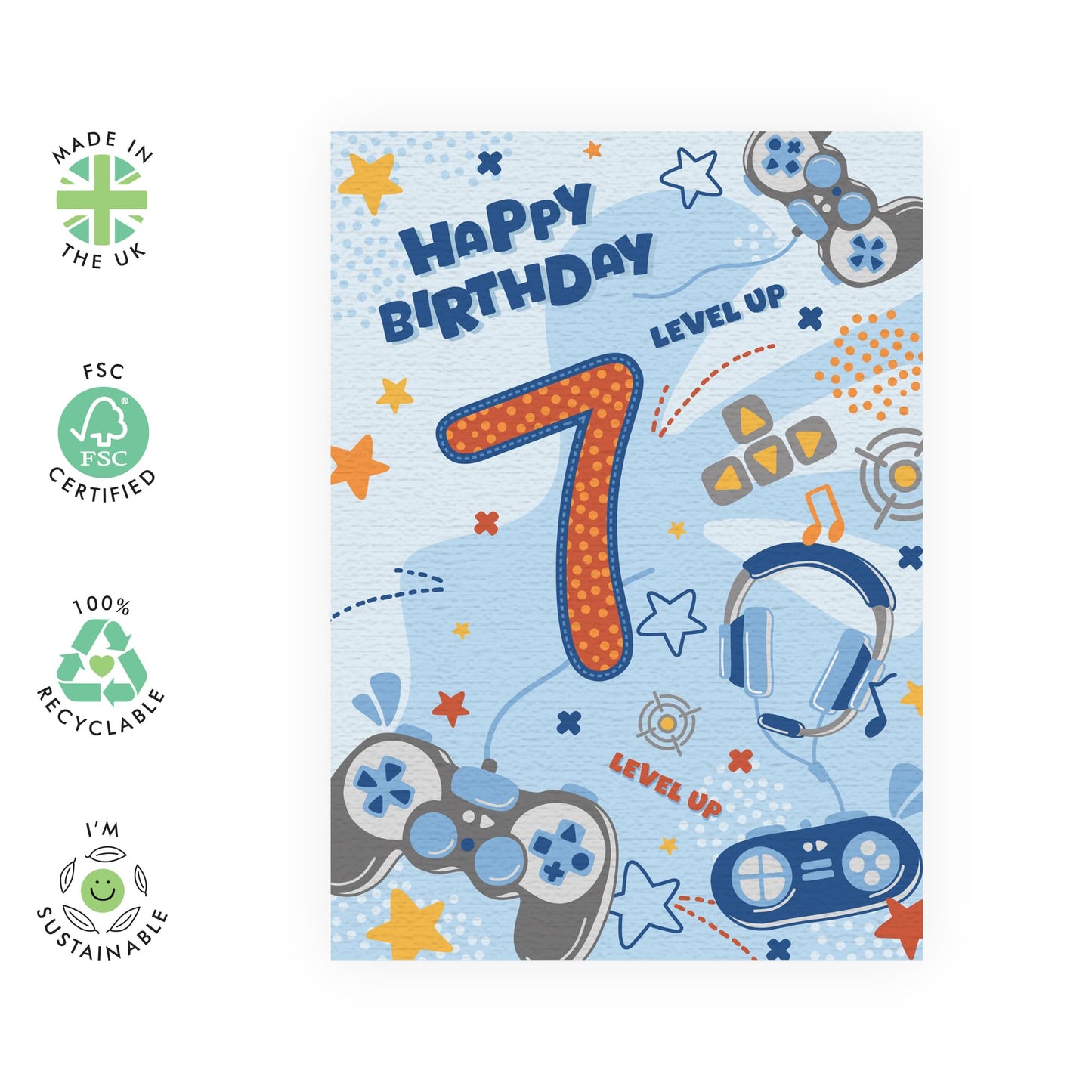 Boys Birthday Card Age Seven - Happy 7th Birthday Card - Gaming Birthday Card For Kids - Video Games - 7 Year Old - Gamer Gifts For Son Grandson Brother - Comes With Stickers - By Central 23