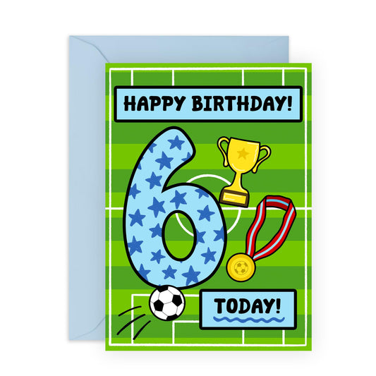 6th Birthday Card for Boys – Football Themed – Fun Gifts for Son, Nephew, Grandson, Him, Children, Cousin, Football Fan Boys -Sixth Bday Party - Trophy and Medal - Comes with Stickers