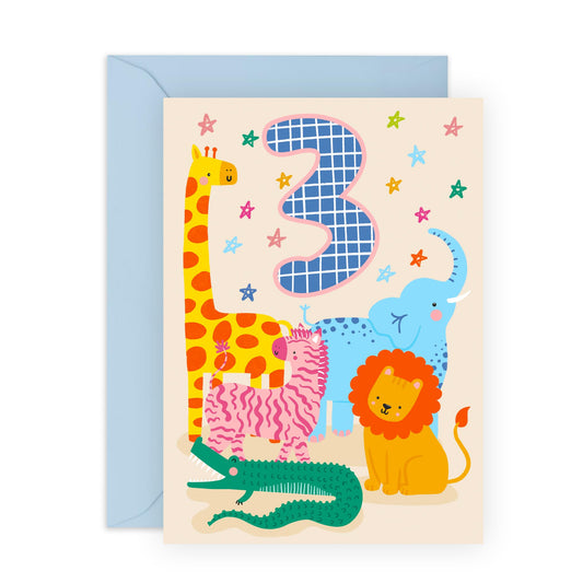 3rd Birthday Card Girl Boy - Cute Safari Animals - Happy Birthday Card Age Three - Happy Birthday Cards For Son Granddaughter Niece - Third Bday Gifts - Comes With Stickers By Central 23