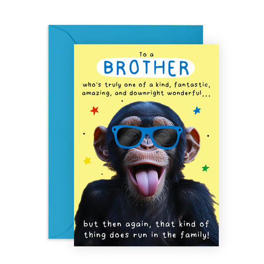 Funny Ape Birthday Card - 'Fantastic Brother' - Hilarious Gifts for Bro, Bruv, Sibling, Family, Him - Runs In The Fam - Comes with Fun Stickers