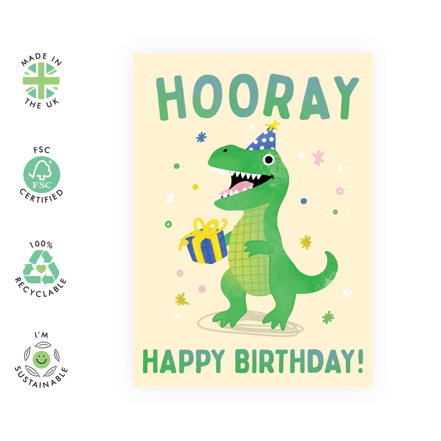 Cute Dinosaur Birthday Card - 'Hooray' - Gifts for Boys, Sons, Kids, Children, Family - Green Dino with Present - Comes with Fun Stickers