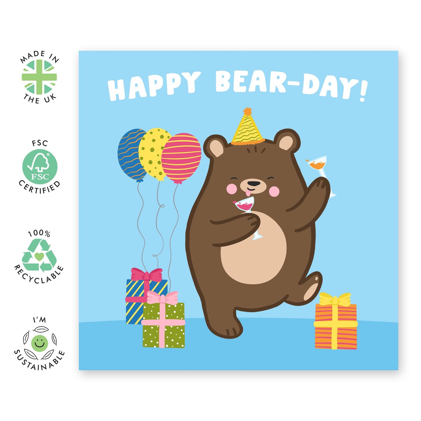Girl Birthday Card - Happy Bear-day - Pun - Balloons Presents - Boys Birthday Cards - Cute Birthday Gifts For Men And Women - Friends Birthday Card - Comes With Fun Stickers - By Central 23