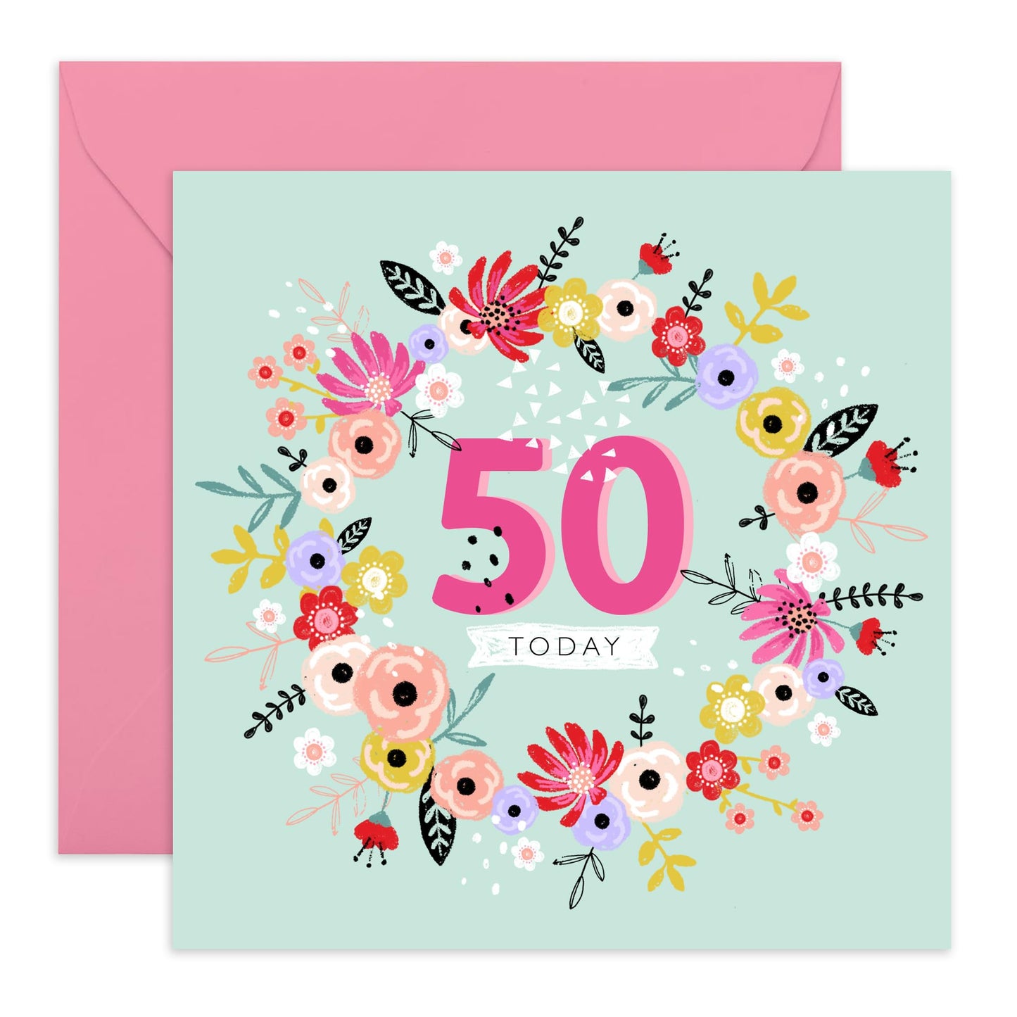 50th Birthday Card For Mummy - 50th Floral Wreath - Floral Birthday Card - Wife Mum - Gifts For Aunt - Happy Fiftieth Birthday Greeting Card Female Friends - Comes With Fun Stickers By Central 23