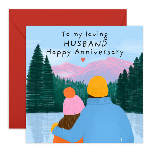 Romantic Anniversary Card for Him - 'Mountain Loving Husband' - Gifts for Spouse, Babe, Darling, Men - Hikers - Comes with Fun Stickers