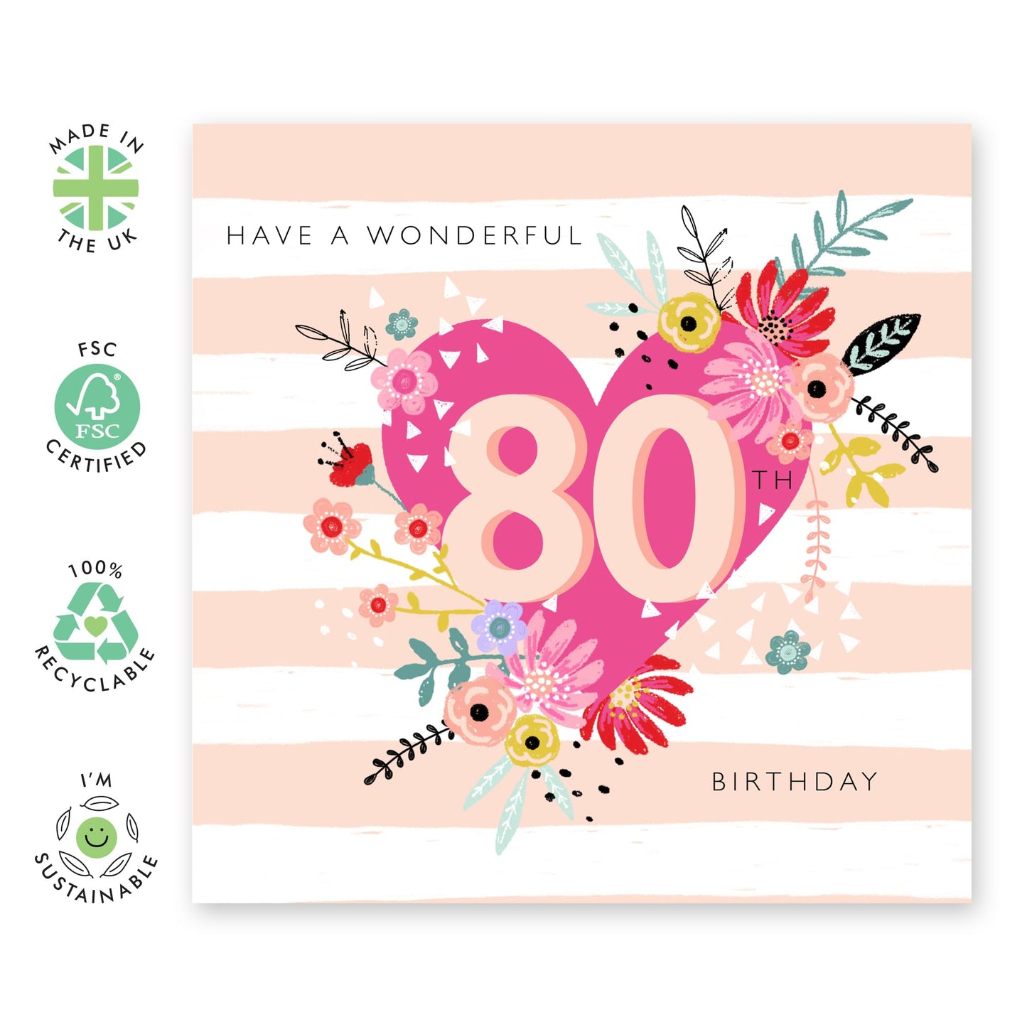80th Birthday Card For Women - 80th Floral Heart - Grandmother Birthday Greeting Card - Floral Birthday Card - Happy Eightieth Birthday Card Grandma - Comes With Fun Stickers By Central 23