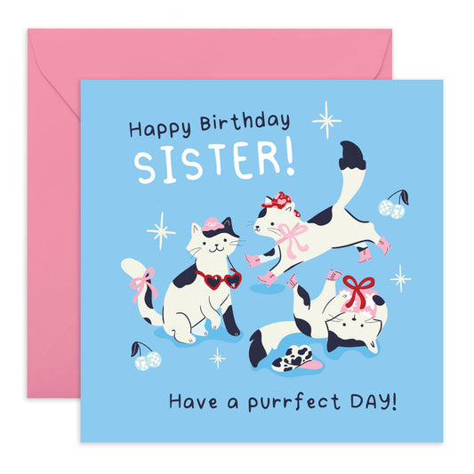 Adorbale Cats Birthday Card - 'Purrfect Cat Sister' - Gifts for Siblings, Sis, Sistah, In-Law, Step Sis, Family From Little, Big Sis or Bro - Meows - Comes with Fun Stickers