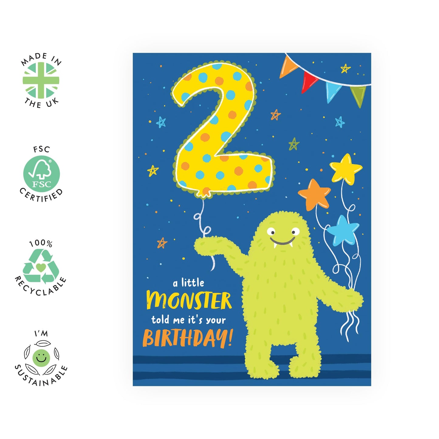 2nd Birthday Card - Two Year Old Birthday Card Girl Boy - Cute Monster Greeting Cards For Kids - Gifts For Son Daughter Niece Nephew Godson - Second Bday - Comes With Stickers By Central 23