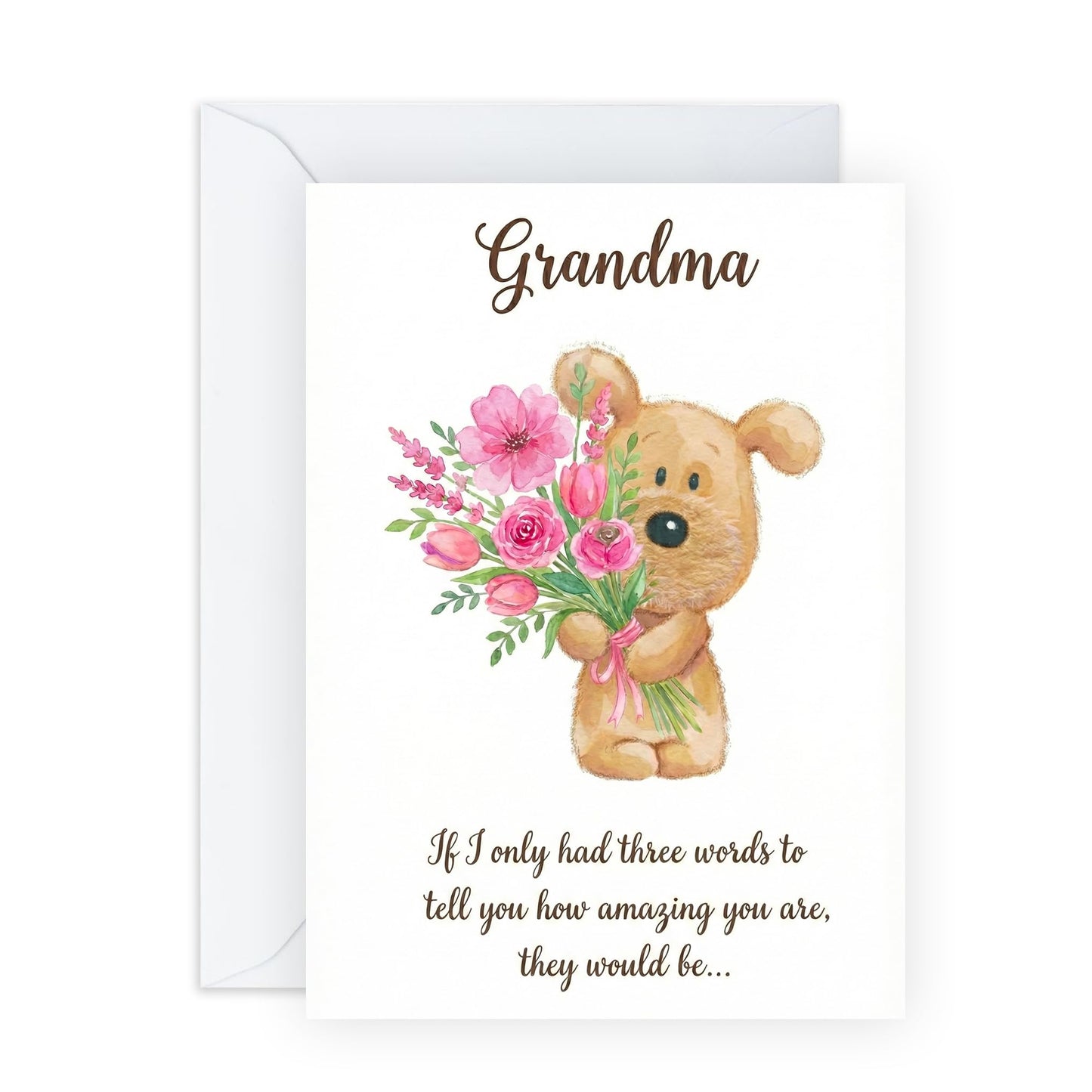 Grandma Mother’s Day Card – Cute Puppy Floral Bouquet for Granny Grandparent Grandmother Her Women Family From Grandson Granddaughter – Sweet "Three Words" Greeting -Comes with Stickers