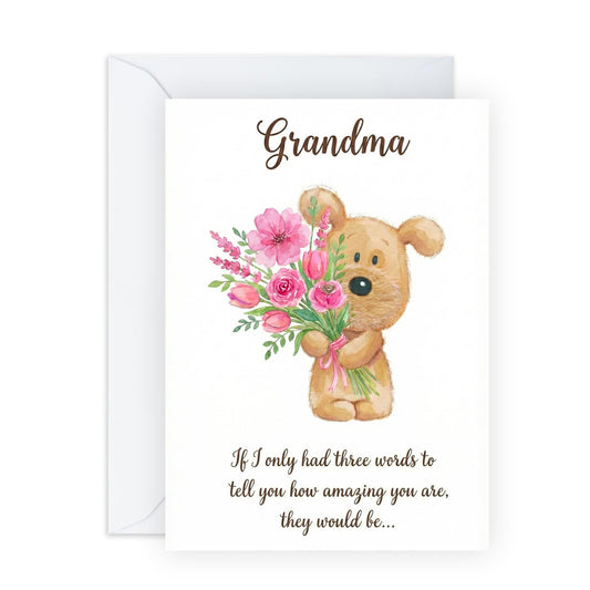 Grandma Mother’s Day Card – Cute Puppy Floral Bouquet for Granny Grandparent Grandmother Her Women Family From Grandson Granddaughter – Sweet "Three Words" Greeting -Comes with Stickers