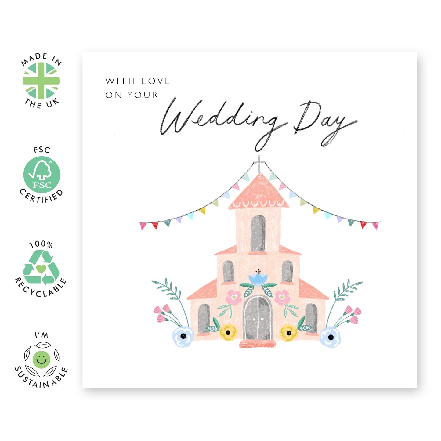 Best Wishes Gift For Him Her - Wedding Day Church With Love - Wedding Cards For Bride And Groom - Floral Greeting Card - Congratulations Card For Men Women - Comes With Stickers By Central 23