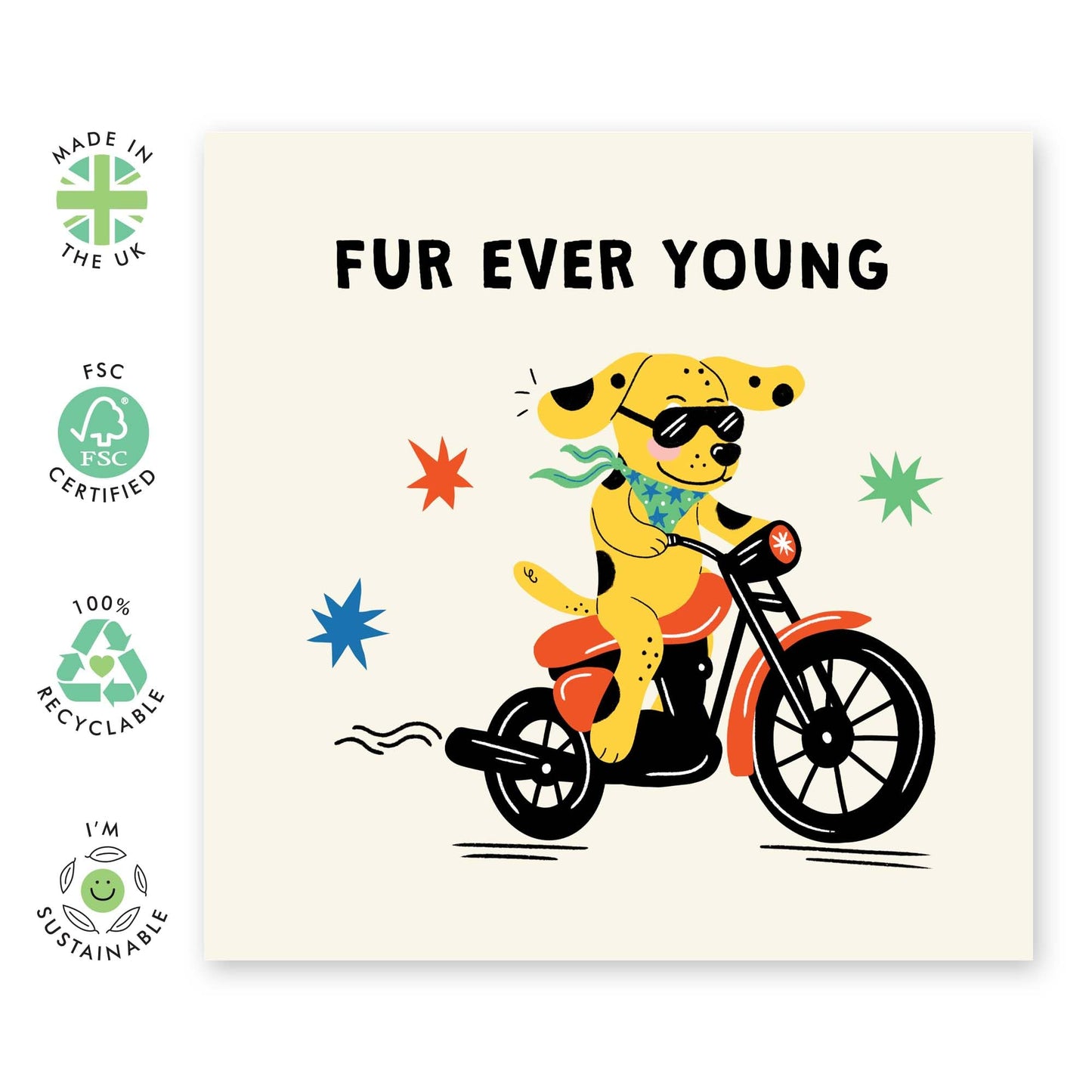 Dog Birthday Card - 'Fur Ever Young' - Gifts for Bruv, Mates, Best Friends, BFF, Co-worker, Colleague, Bro, Uncle, Dad, Brother - Cool Dog Bike - Comes with Fun Stickers