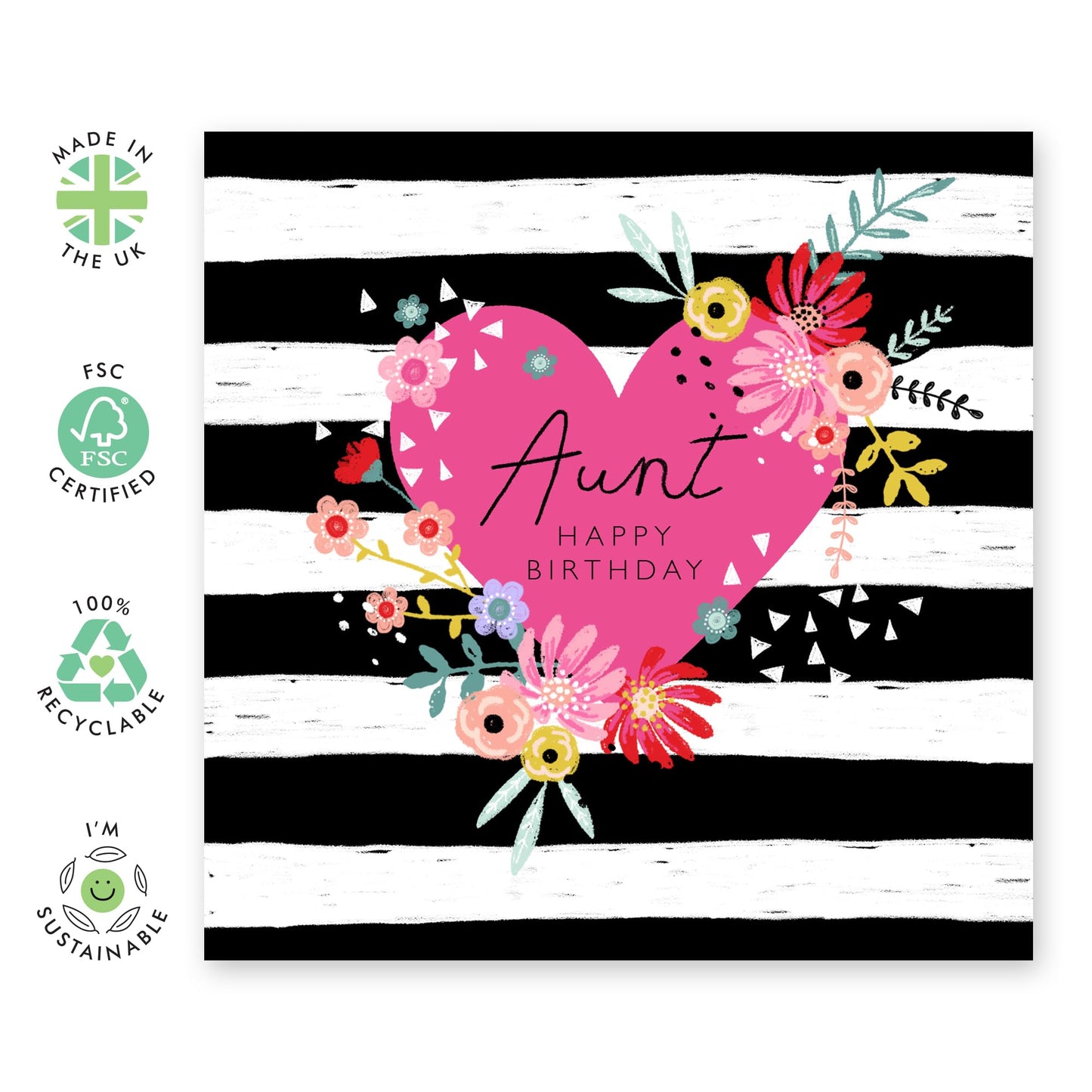 Birthday Card For Aunt - Aunt Heart Floral Stripes - Gift From Niece Nephew - Happy Birthday Aunty Greeting Card - Greeting Cards - Heartfelt Gifts Women Tia - Comes With Fun Stickers - By Central 23