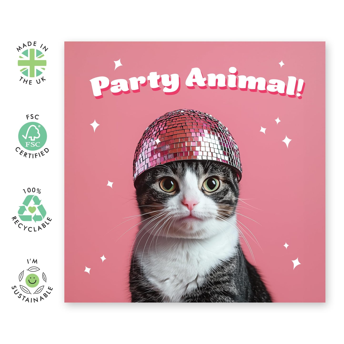 Birthday Card Adorable Cat - 'Party Animal Disco Ball Cat' - Gifts for Girlfriend, Bestie, Girls, Co-worker, Colleague, Sister, Sis, Girlfriend, Ladies - Dance Party - Comes with Fun Stickers