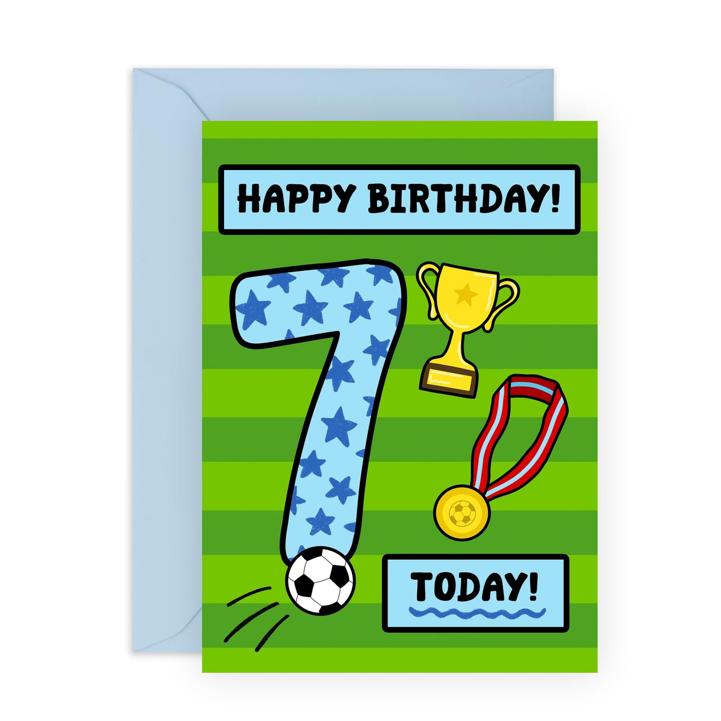 7th Birthday Card for Boys – Football Themed – Fun Gifts for Son, Nephew, Grandson, Him, Children, Cousin, Football Fan Boys -Seventh Bday Party - Trophy and Medal - Comes with Stickers