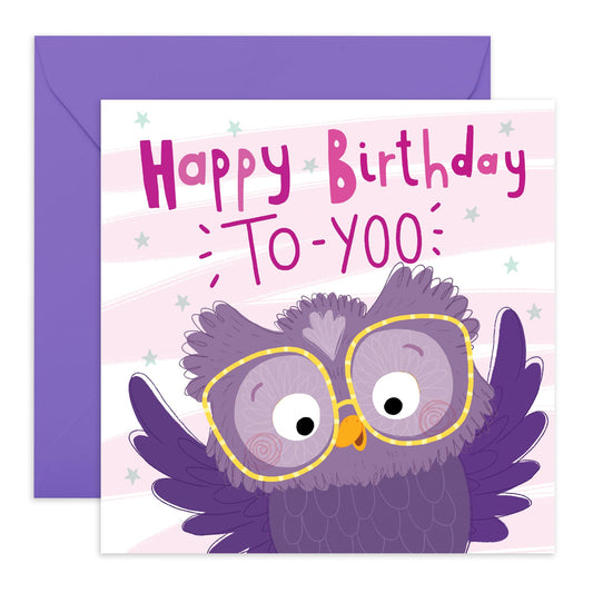 Cute Owl Birthday Card - 'Happy Birthday To-Yoo' - Birthday Cards for Kids, Toddlers, Parents, Boys, Girls & Baby - Adorable Pets - Comes with Fun Stickers