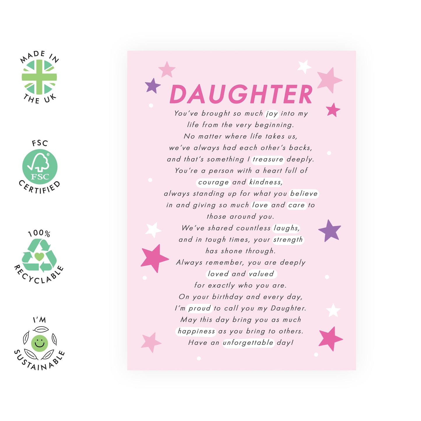 Birthday Card Sweet Message To My Daughter - 'Daughter' - Gifts for Her, Ladiesm Women, Kids, Children, Family From Mum, Dad - Deeply Touched - Comes with Fun Stickers