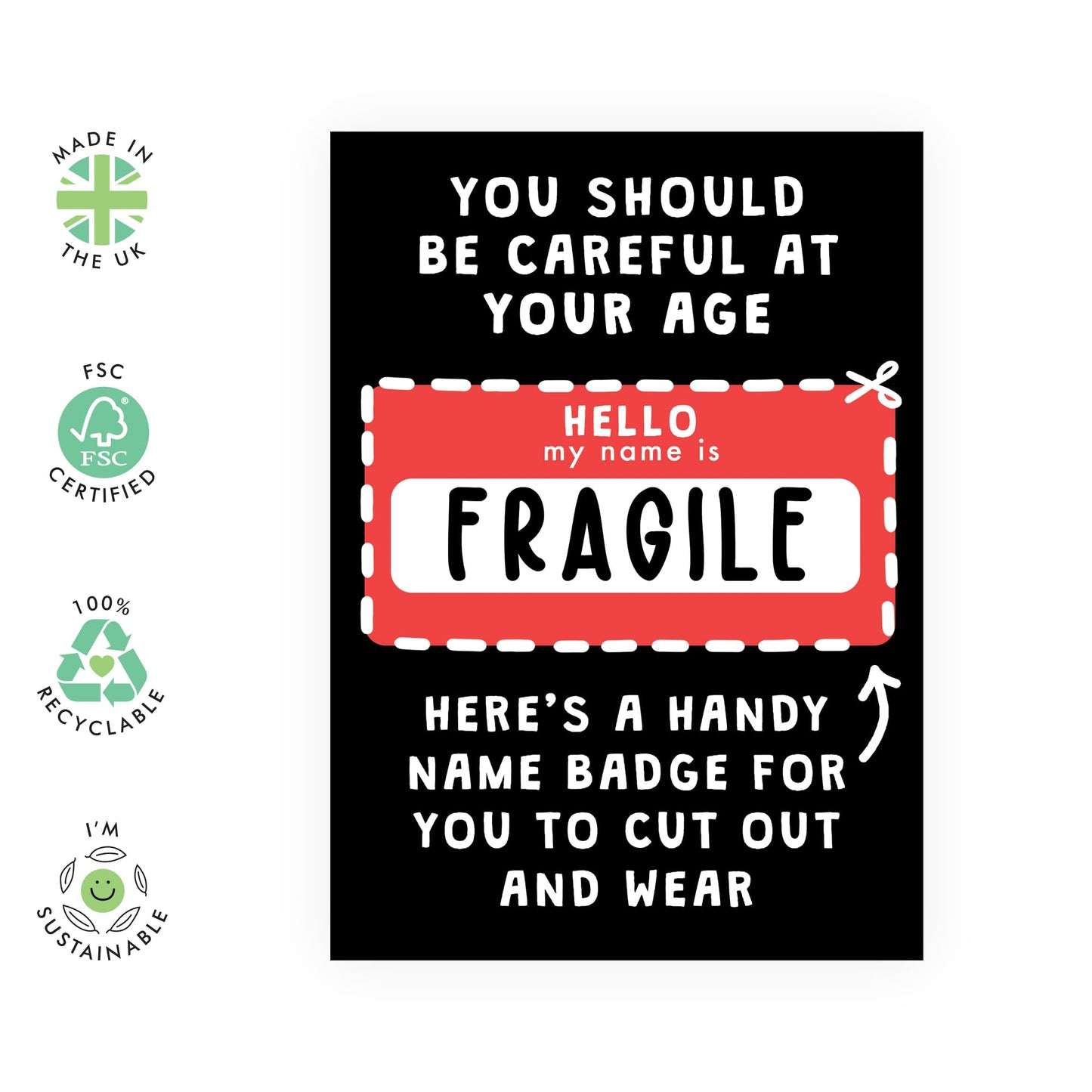 Funny Birthday Cards for Grandmother Nan Grandad - My Name is Fragile - Rude Greeting Cards for Uncle Mum Dad - Humour Jokes Sarcasm - Retirement Gifts for Him her - Comes With Stickers By Central 23