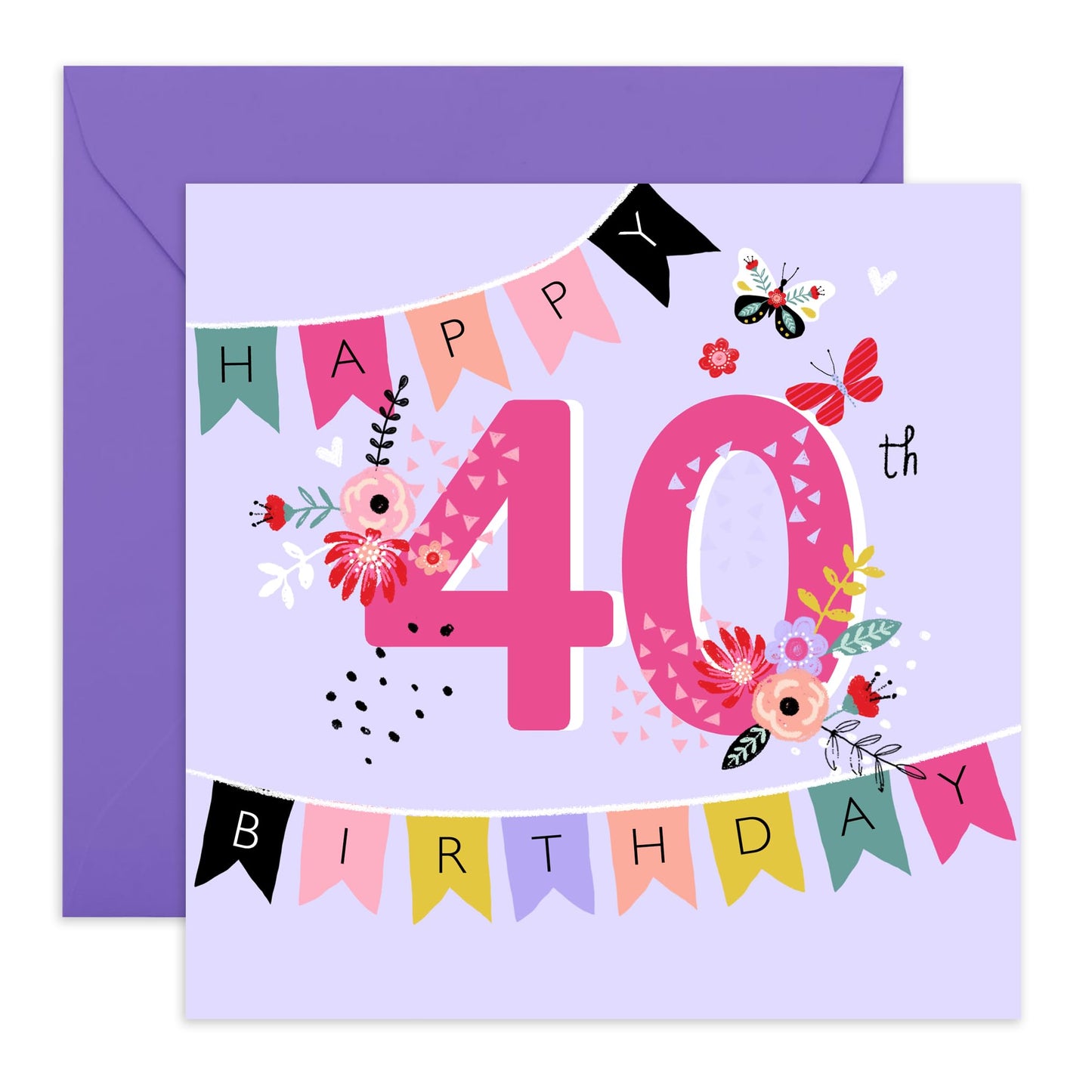 40th Birthday Card For Wife - Happy 40th Birthday Garland - Floral Birthday Card For Mum - Sister - Aunt - Happy Fortieth Birthday Greeting Card Female Friend - Comes With Stickers By Central 23