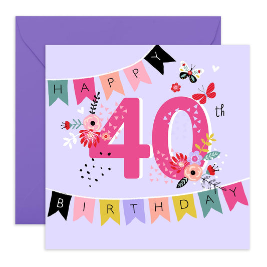40th Birthday Card For Wife - Happy 40th Birthday Garland - Floral Birthday Card For Mum - Sister - Aunt - Happy Fortieth Birthday Greeting Card Female Friend - Comes With Stickers By Central 23