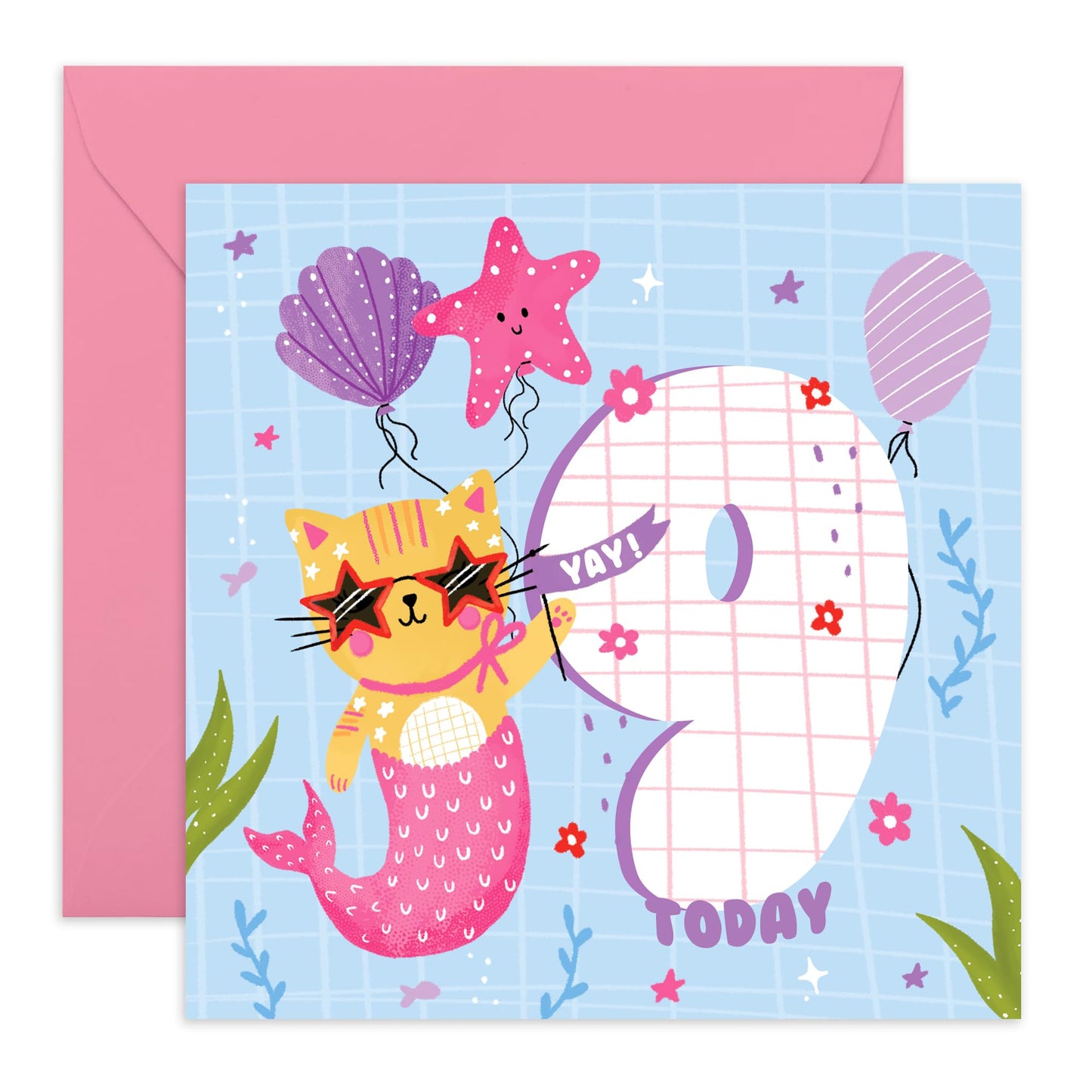 Girls Birthday Cards Age Nine - Mermaid Cat - Ninth Birthday Cards For Kids - 9th Bday Cards For Her - Gifts For Daughter Niece Granddaughter - Comes With Stickers By Central 23