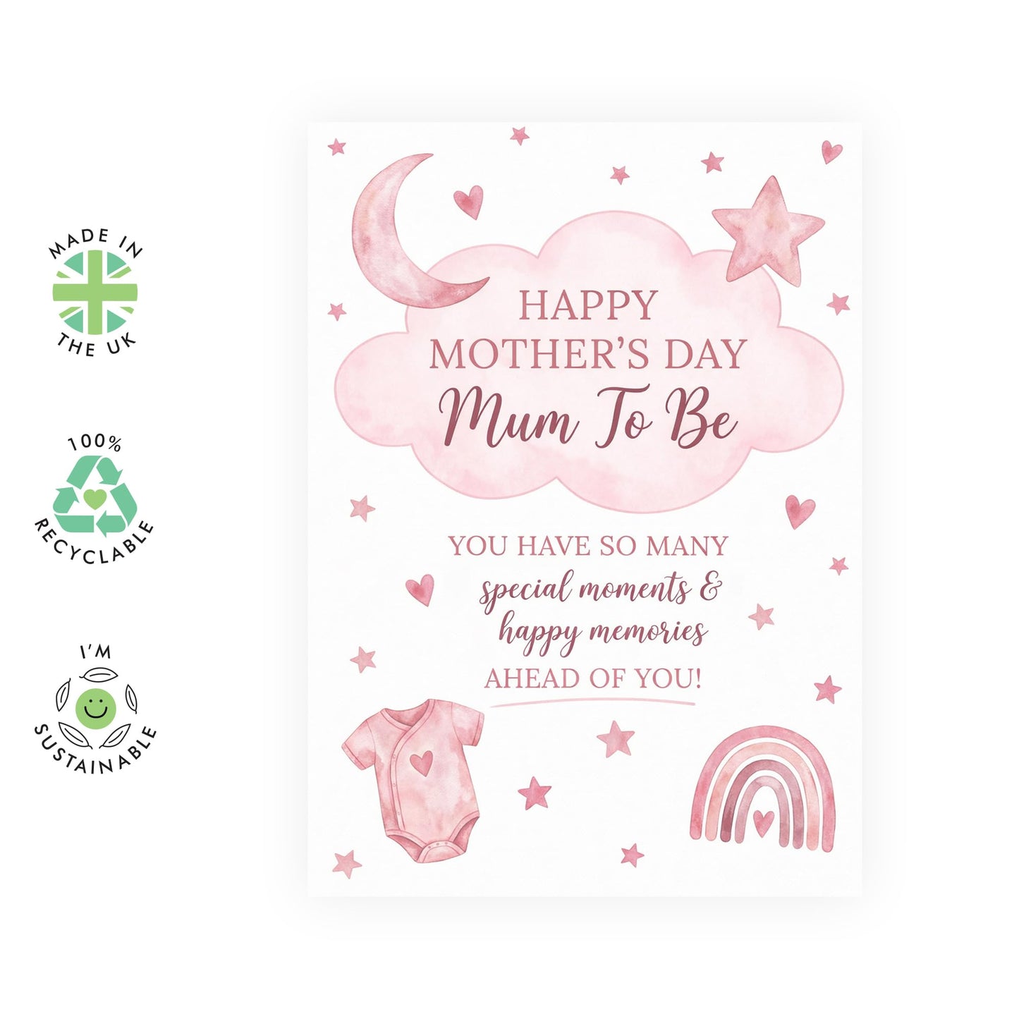 Mum To Be Mother’s Day Card – Pink Clouds – Cute Watercolour Keepsake Greeting for Wife Sister Daughter Friend Bestie BFF Her Ladies Women Pregnant - Comes with Sweet Stickers