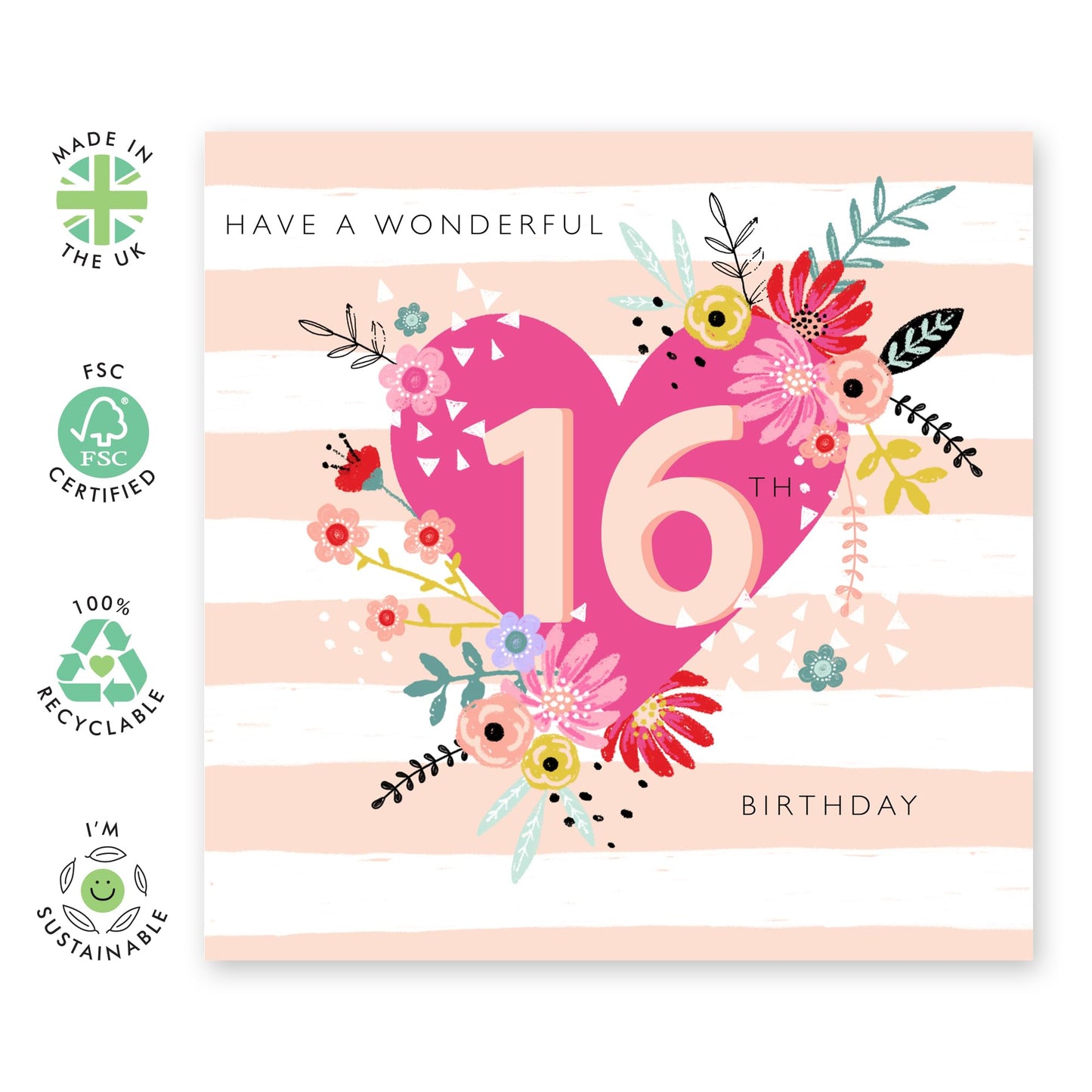 Sixteen Birthday Cards For Kids - Wonderful 16th Birthday - Girl Birthday Card 16th Year Old - Floral Card - Happy Birthday Card For Daughter Granddaughter Niece - Comes With Stickers By Central 23