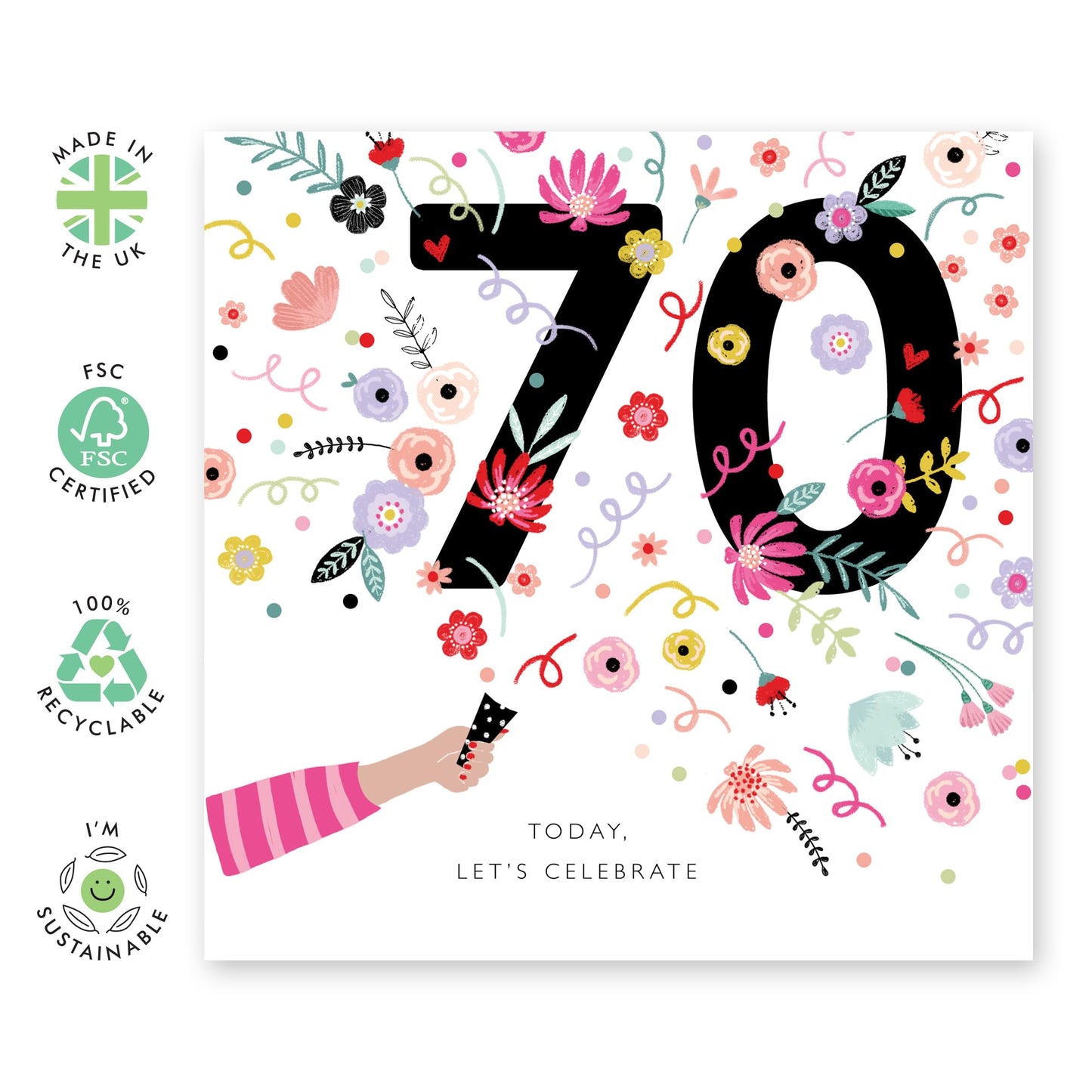 Female Birthday Card For 70th Birthday - Floral Confetti - Let's Celebrate - Pretty Greeting Cards For Women - Gifts For Her - 70 Year Old - Comes With Stickers - By Central 23