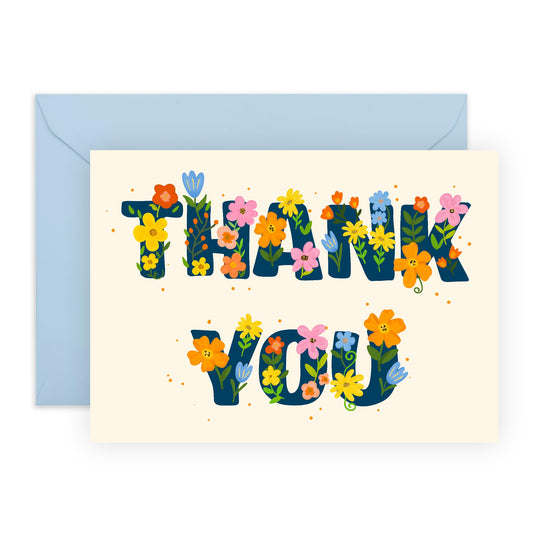 Thank You Flowers Greeting Card - 'Thank You Floral Text' - Gifts for Friends, Colleagues, Co-workers, Family, Relatives, Mum, Dad, Bestie - Saying Thanks - Comes with Fun Stickers