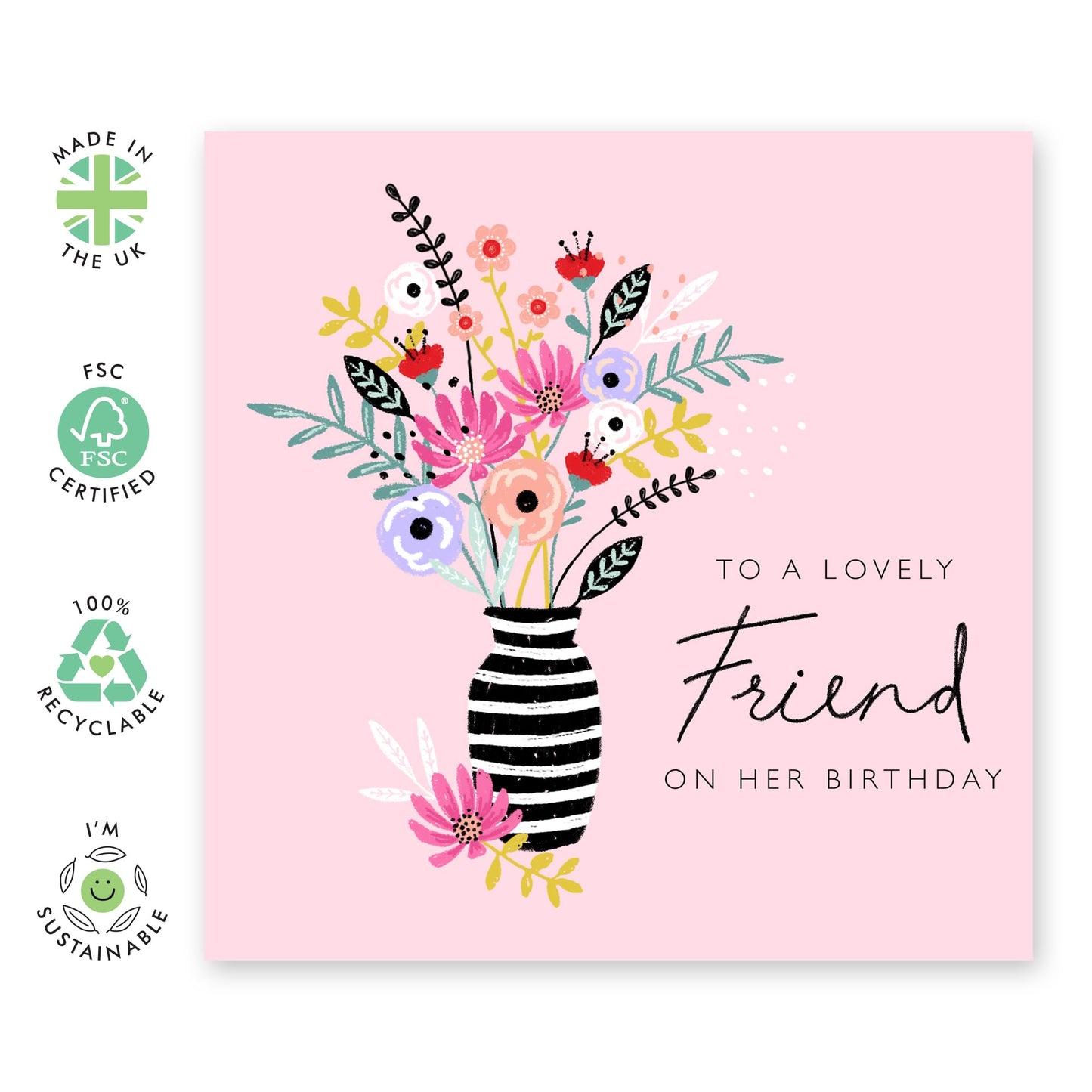 Flower Bouquet Card For Friends - Friend Birthday Card For Women - Pink Flower Vase - Floral Gifts For Her - Happy Birthday Greeting Cards For Female Friends - Comes With Cute Stickers - By Central 23