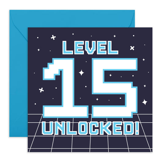 Cool 15th Birthday Card – Level 15 Unlocked Gamer – Video Game – Gifts for Teenagers, Teens, Boys, Him, Son, Nephew, Grandson, Neighbour, Brother - Fifteen Years Old - Comes with Fun Stickers
