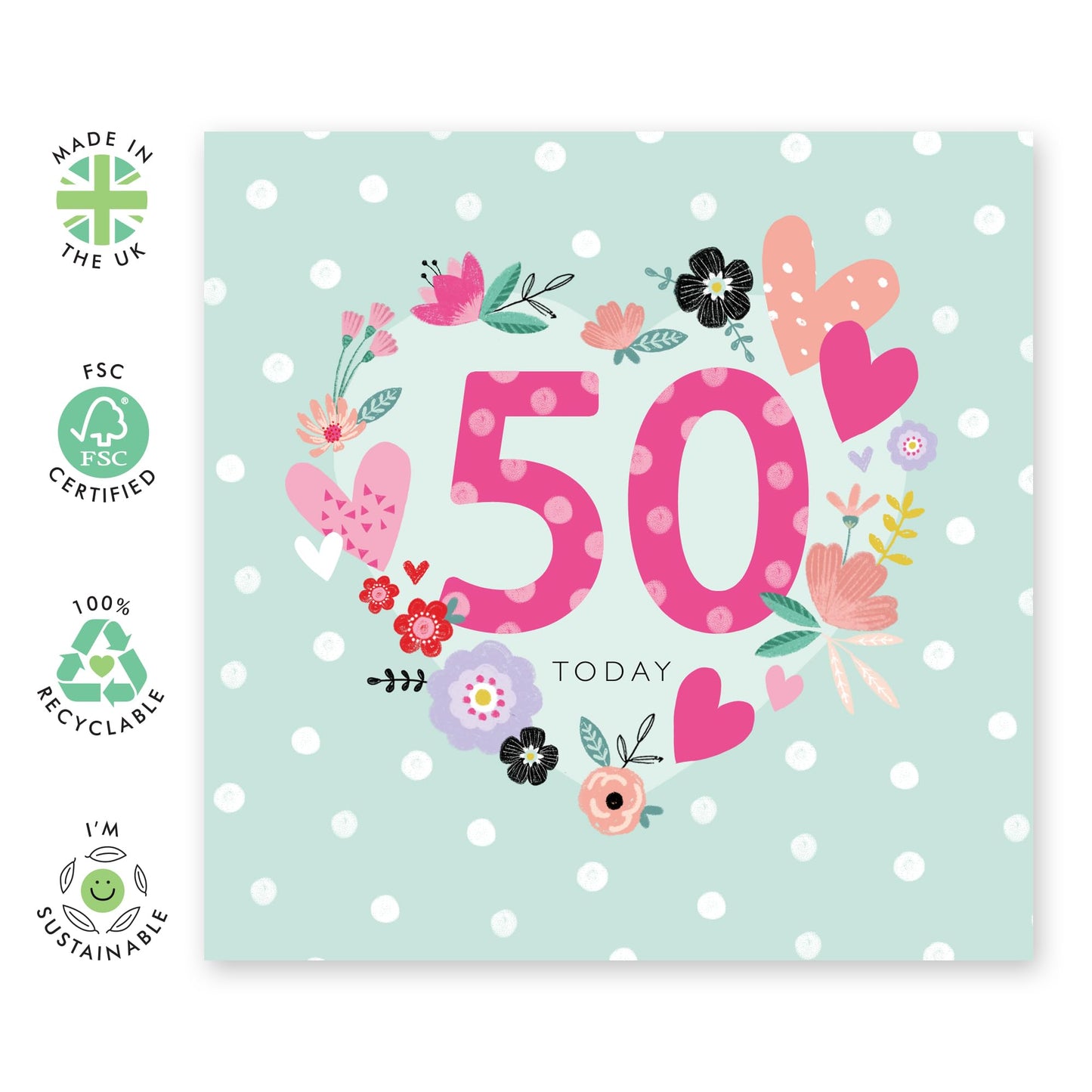 Floral Birthday Card For Women Age 50 - 50th Floral Heart - Happy 50th Birthday Cards For Mum Mummy Wife - Gifts For Friends Aunt Auntie - From Son Daughter - Comes With Fun Stickers By Central 23