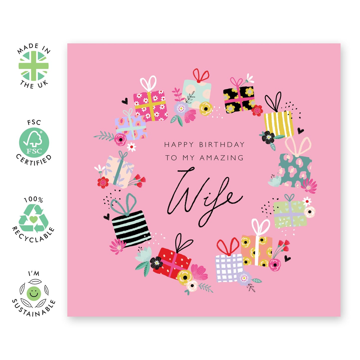 Happy Birthday Wife Cards And Envelopes - Pink Gifts Presents - Pretty Wife Birthday Card For Her Women - Sweet Greeting Cards From Husband - Comes With Cute Stickers By Central 23